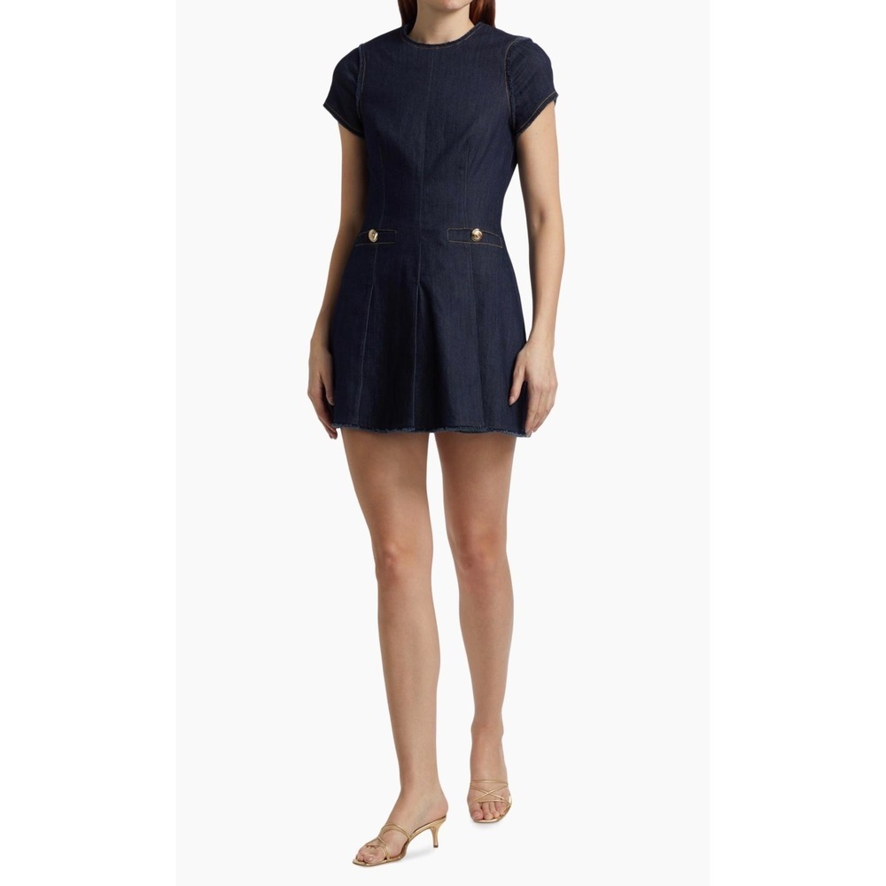 Cinq a Sept Denim Sheath Dress Gold Button Fringe Detail Short Sleeve - Picture 3 of 9